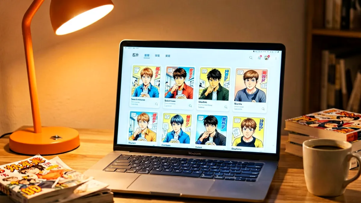 一位读者坐在书桌前，面对电脑屏幕上多个jm漫画平台界面的选择画面，桌边散落着漫画书和咖啡杯，暖橙色台灯光晕覆盖整个桌面