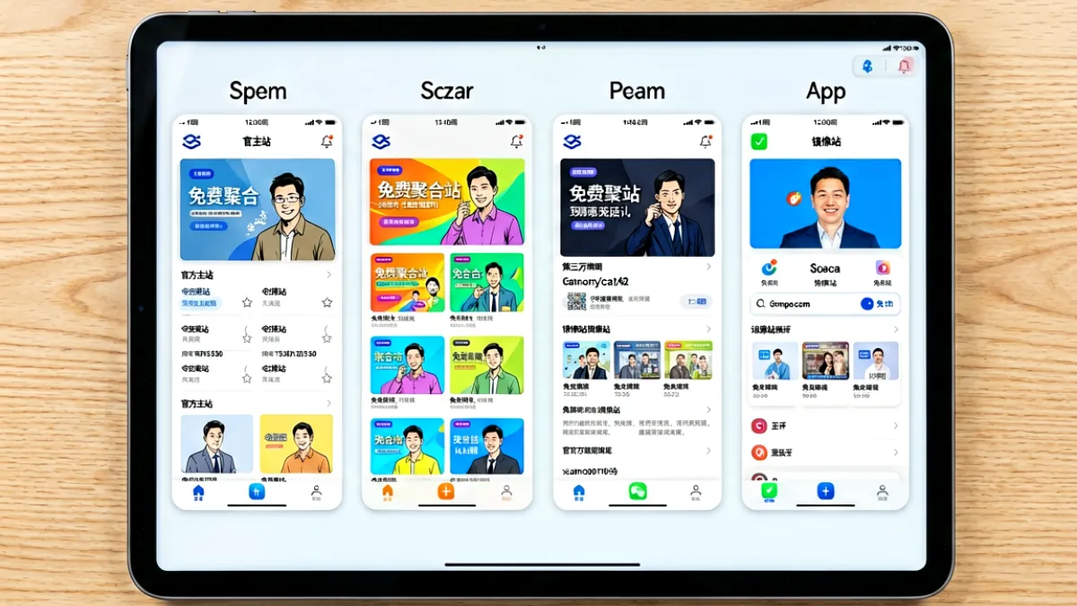 四种jm漫画平台界面并排展示在平板电脑上，从左到右分别是官方主站、免费聚合站、第三方镜像站和App客户端，每个界面风格差异明显，背景是简洁的木质桌面
