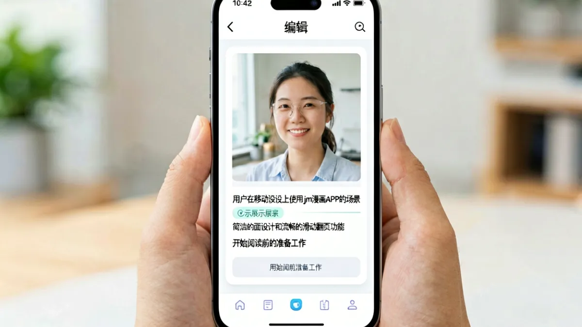用户在移动设备上使用jm漫画APP的场景，展示简洁的界面设计和流畅的滑动翻页功能