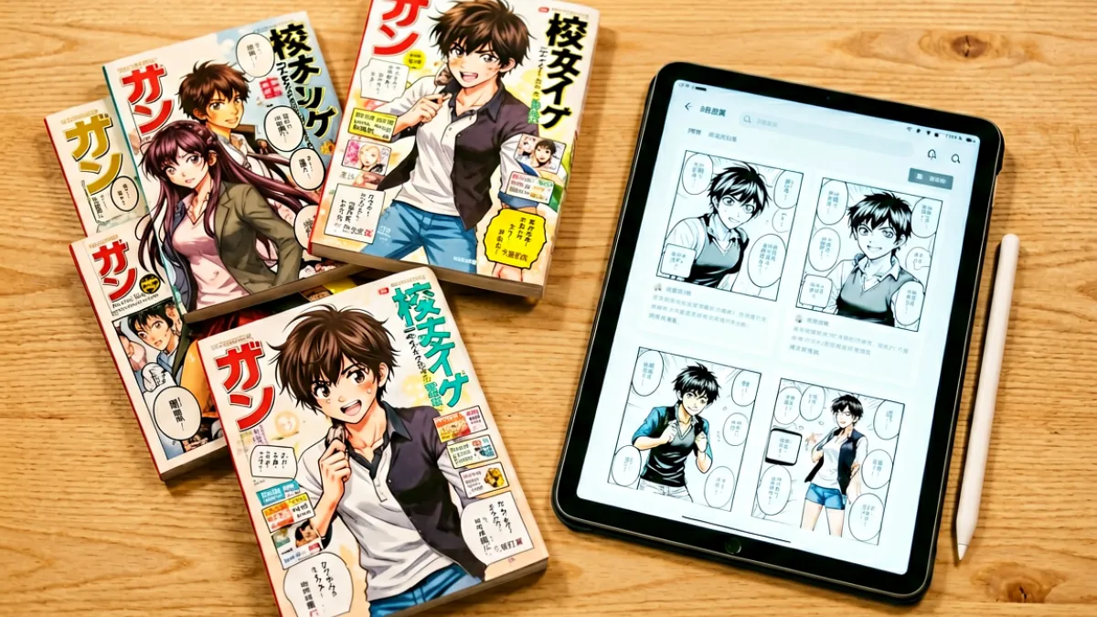 桌面上摊开着几本不同风格的漫画单行本，旁边是一台显示着网页界面的平板电脑和一支手写笔，整体色调温暖，呈现出日常阅读的场景