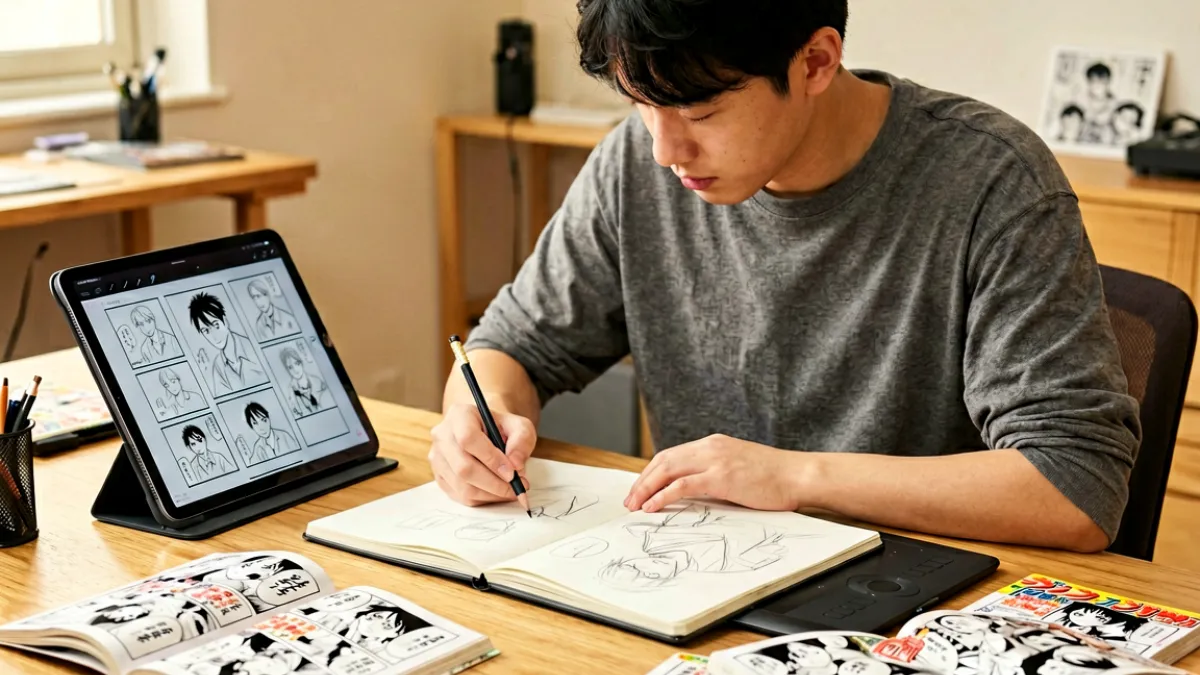 一位漫画创作者坐在工作台前，桌面上摊开着速写本、数位板和几本翻开的日本漫画单行本，屏幕上显示着分镜草稿画面