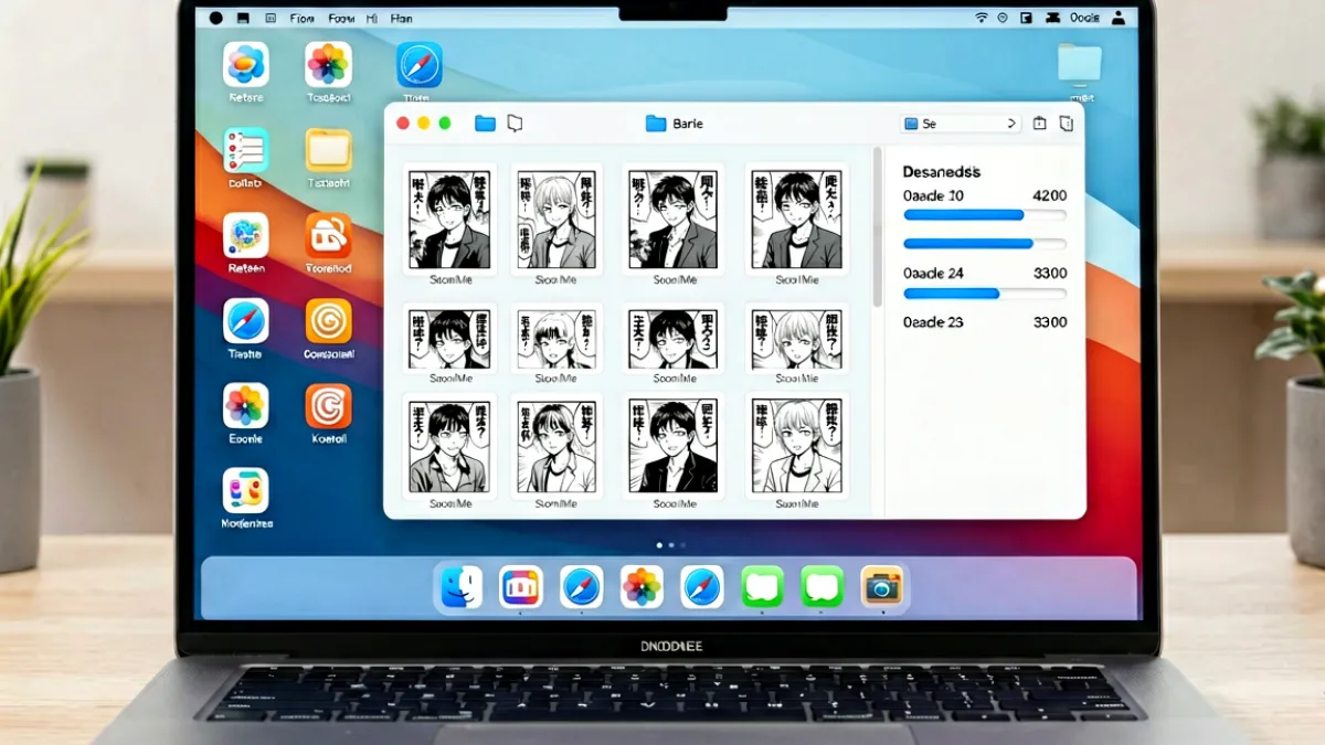桌面电脑上排列着多个漫画管理工具图标，中央文件夹中整齐存放着已下载的 JM 漫画章节图片，旁边配有进度条和存储空间指示